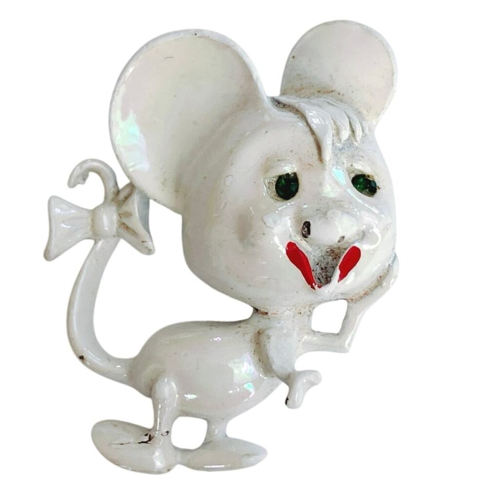 Mid Century Enamel Mouse Brooch White Iridescent Figural 1950s Pin Vintage